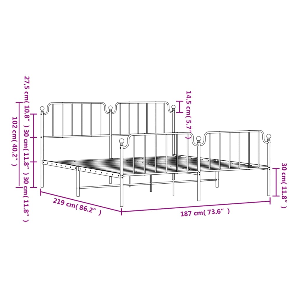 Black metal bed frame with ornate headboard and footboard