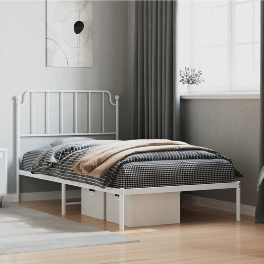 White metal twin bed frame with a slatted headboard and footboard perfect for a minimalist bedroom