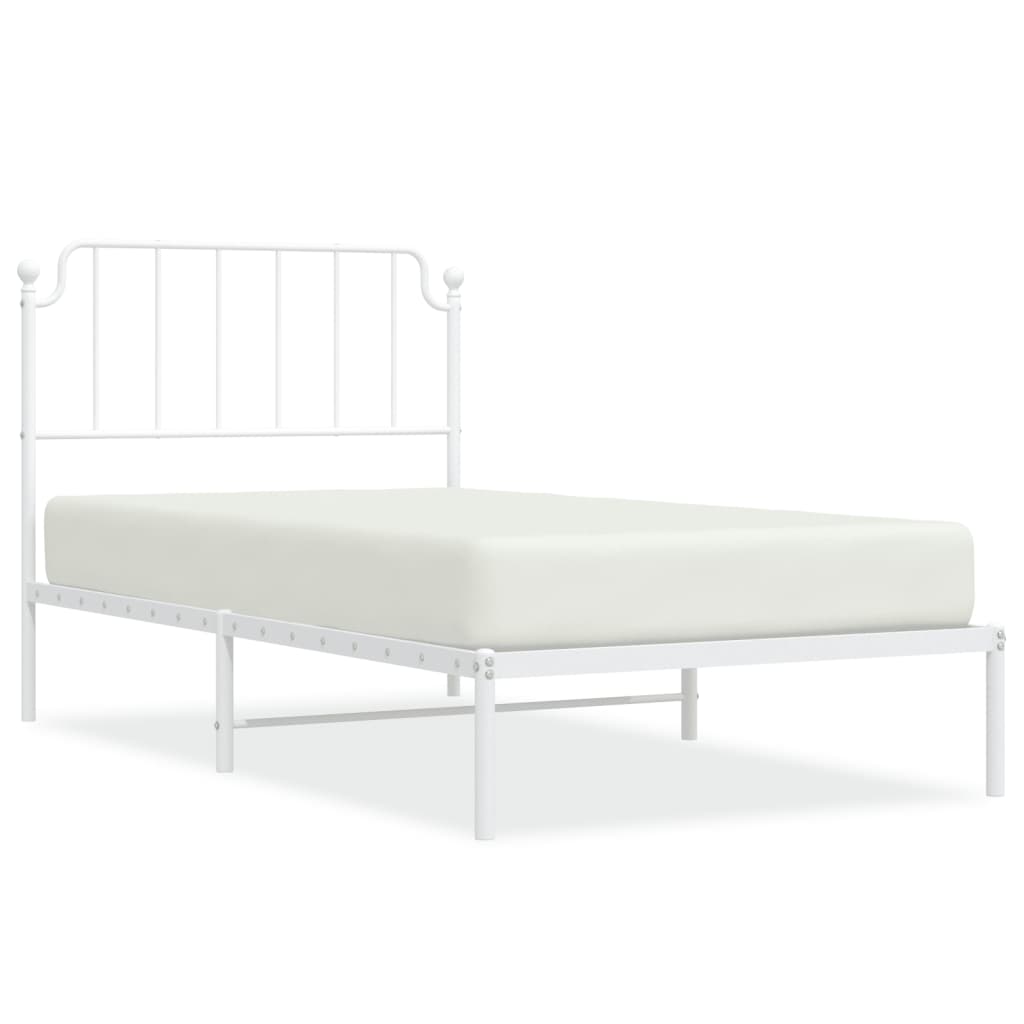 White metal bed frame with detailed dimensions for width length and height