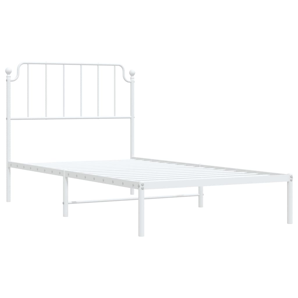 White metal twin bed frame with a minimalist headboard and footboard