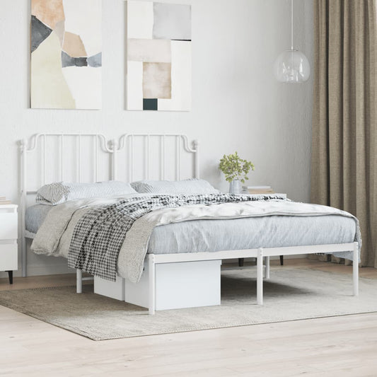 White metal full bed frame with decorative headboard and footboard