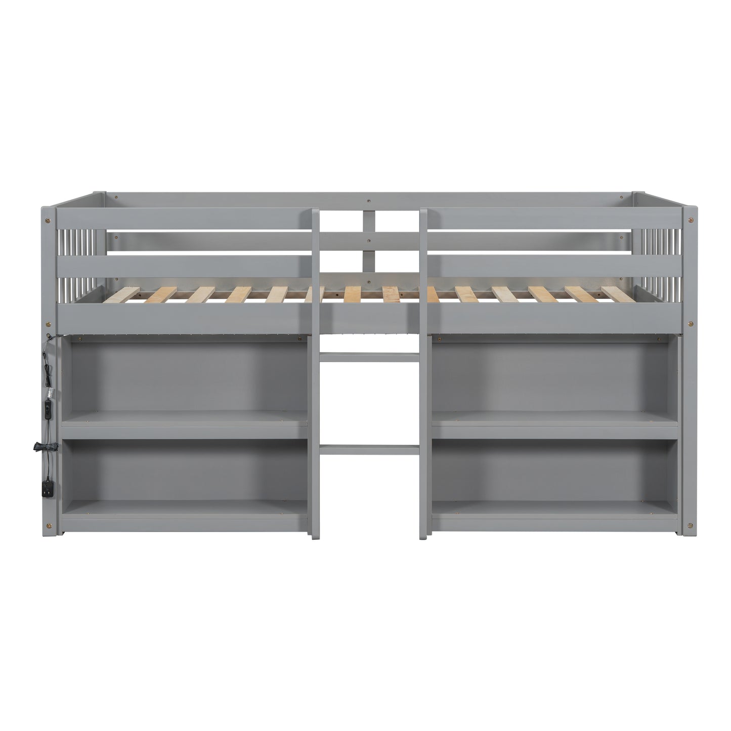 Gray twin loft bed with builtin shelving and ladder