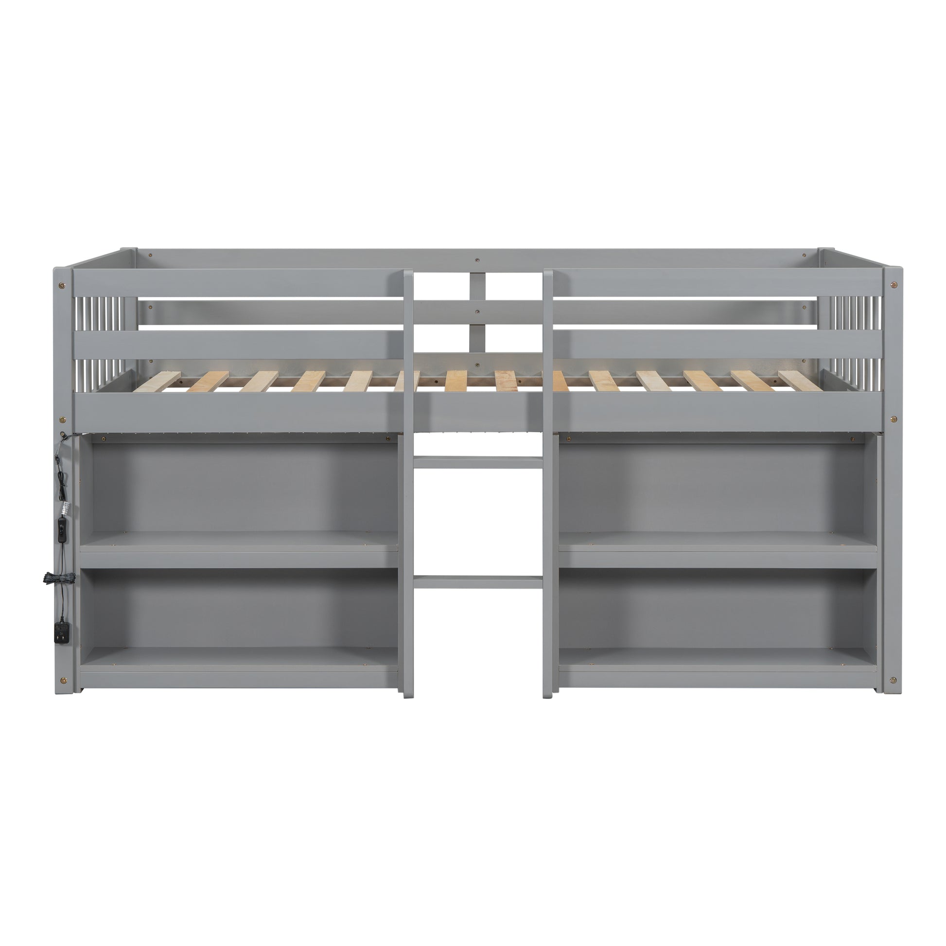 Gray twin loft bed with builtin shelving and ladder