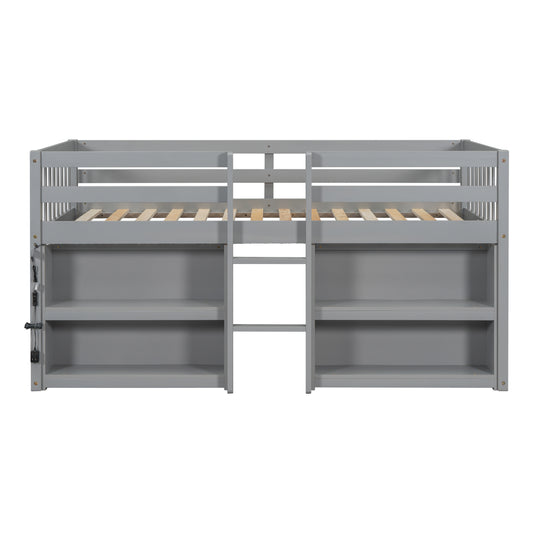 Gray twin loft bed with builtin shelving and ladder