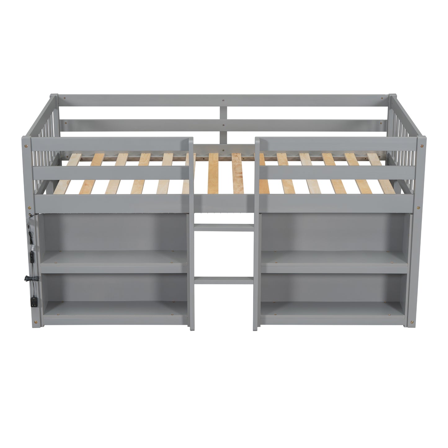 Gray loft bed frame with builtin bookshelves and slatted mattress support