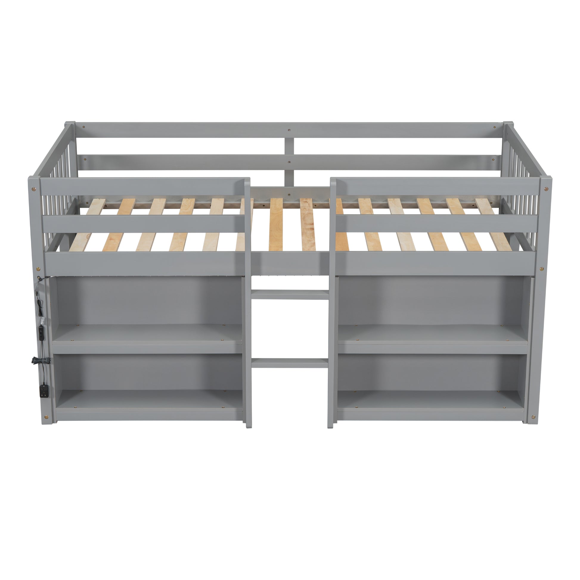 Gray loft bed frame with builtin bookshelves and slatted mattress support