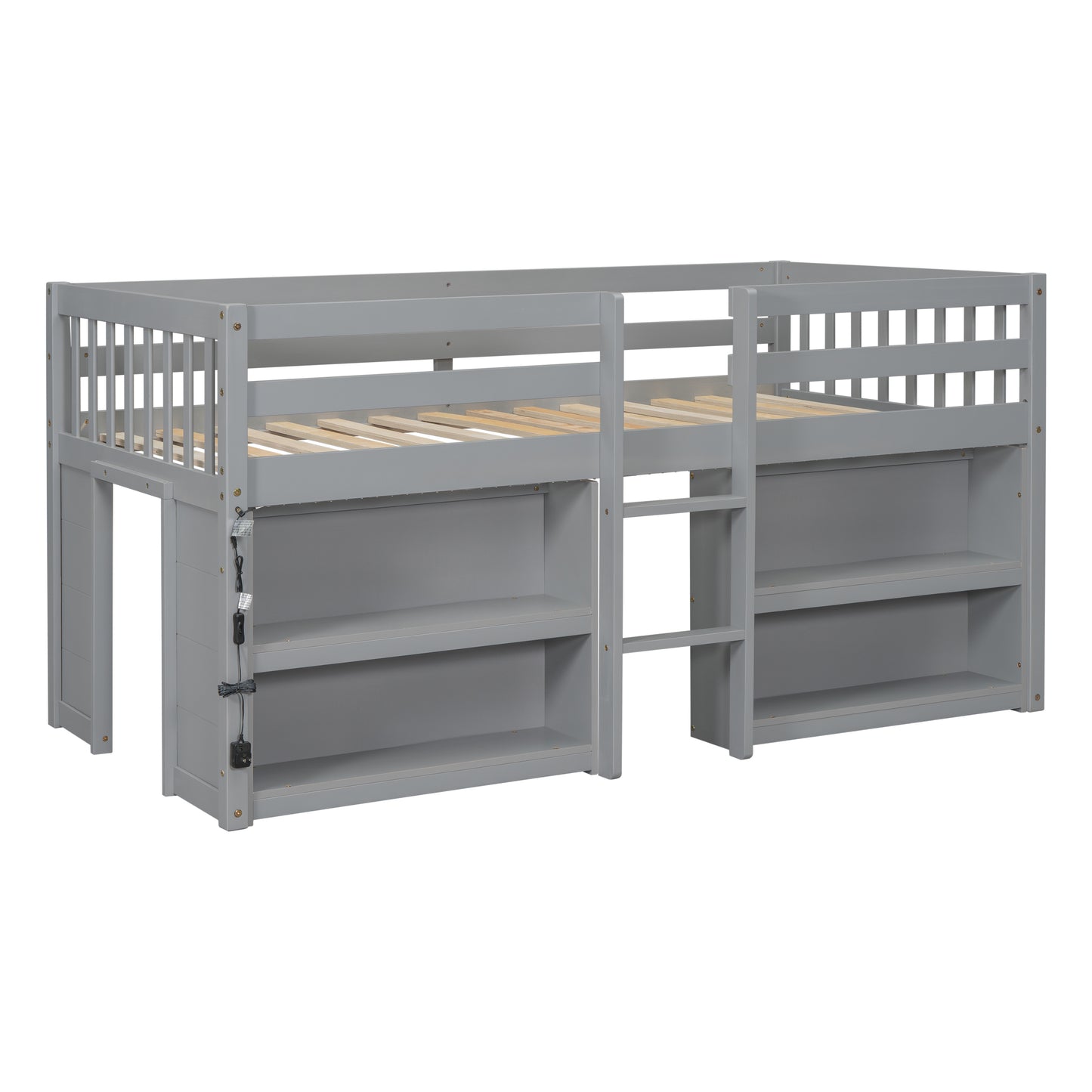 Gray wooden loft bed with integrated bookshelves and ladder