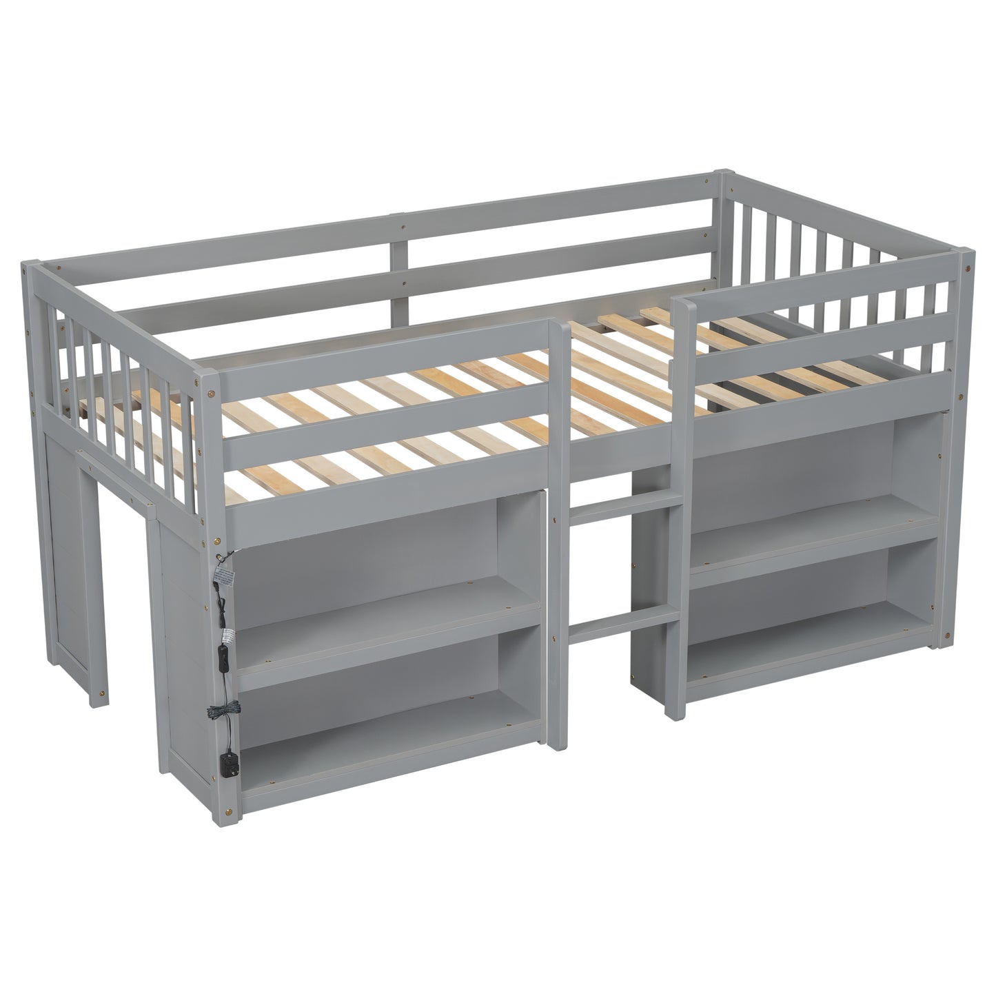 Gray twin loft bed with builtin shelves and ladder