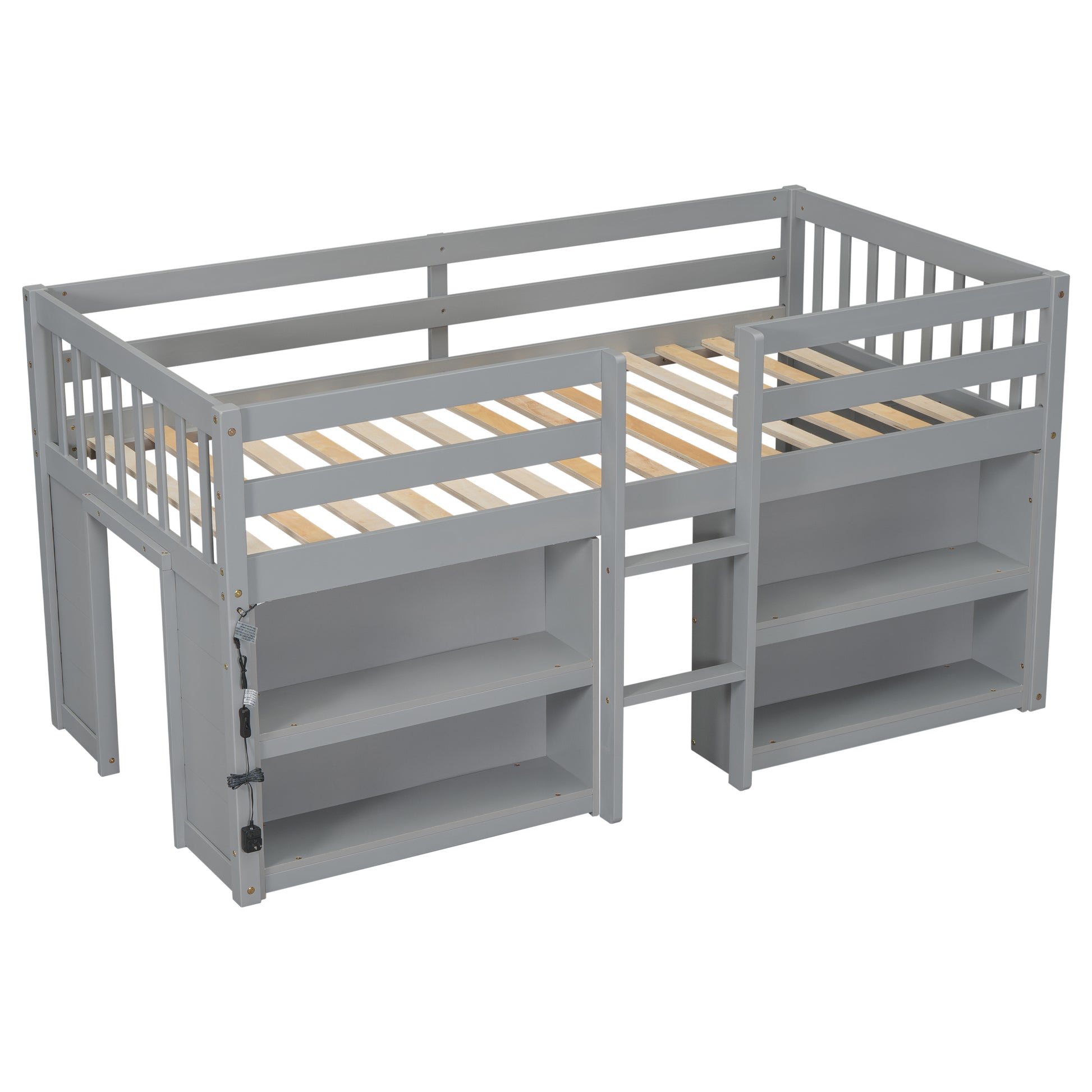 Gray twin loft bed with builtin shelves and ladder