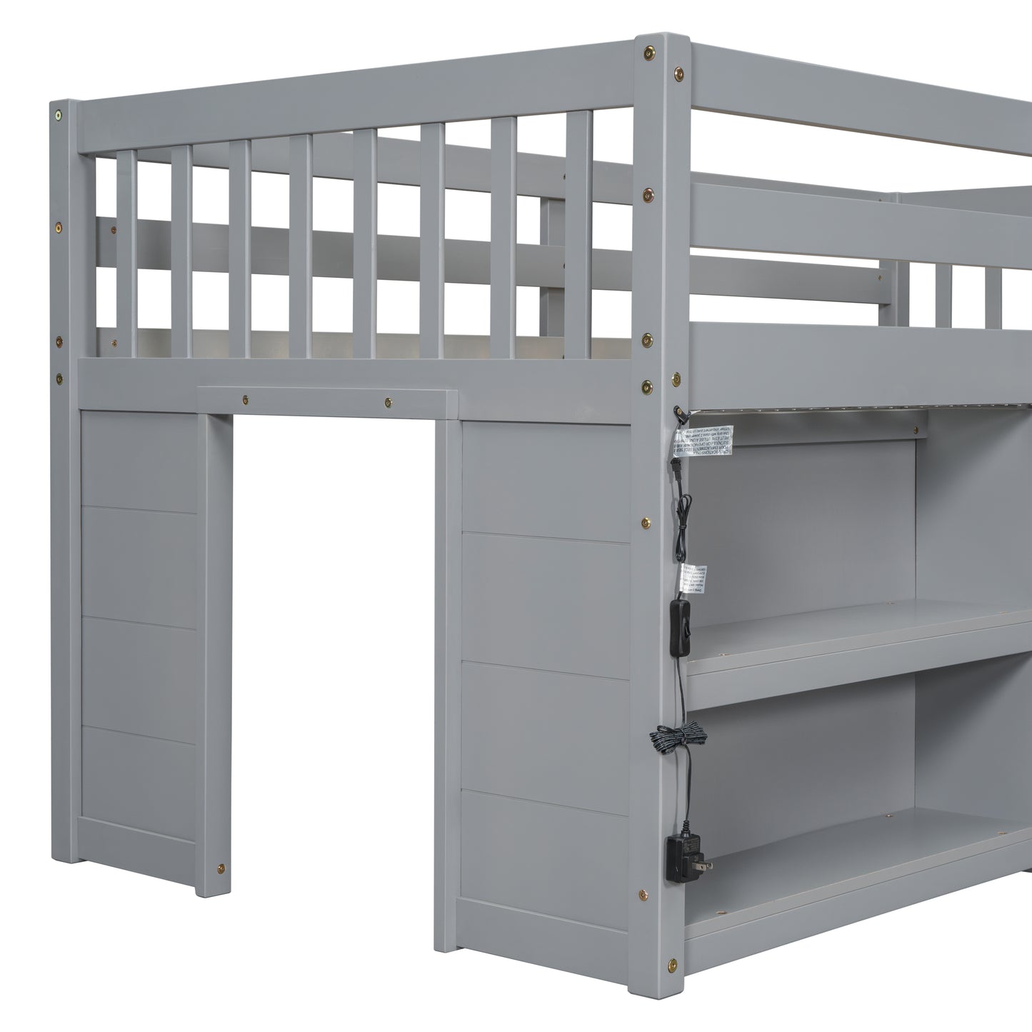Gray wooden loft bed frame with builtin shelving unit