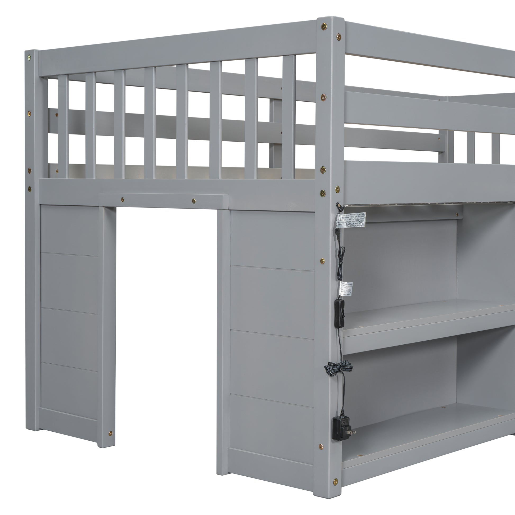 Gray wooden loft bed frame with builtin shelving unit