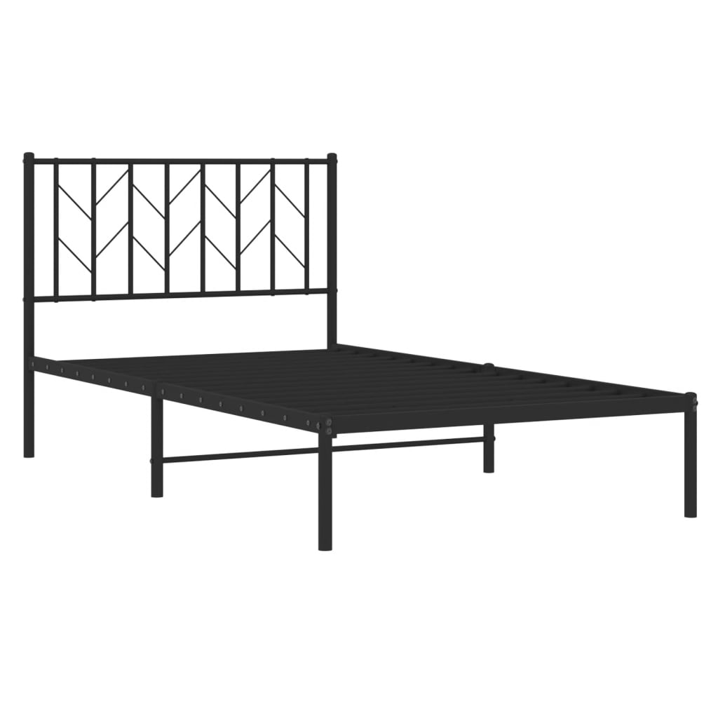 Modern black metal bed frame with geometric headboard design