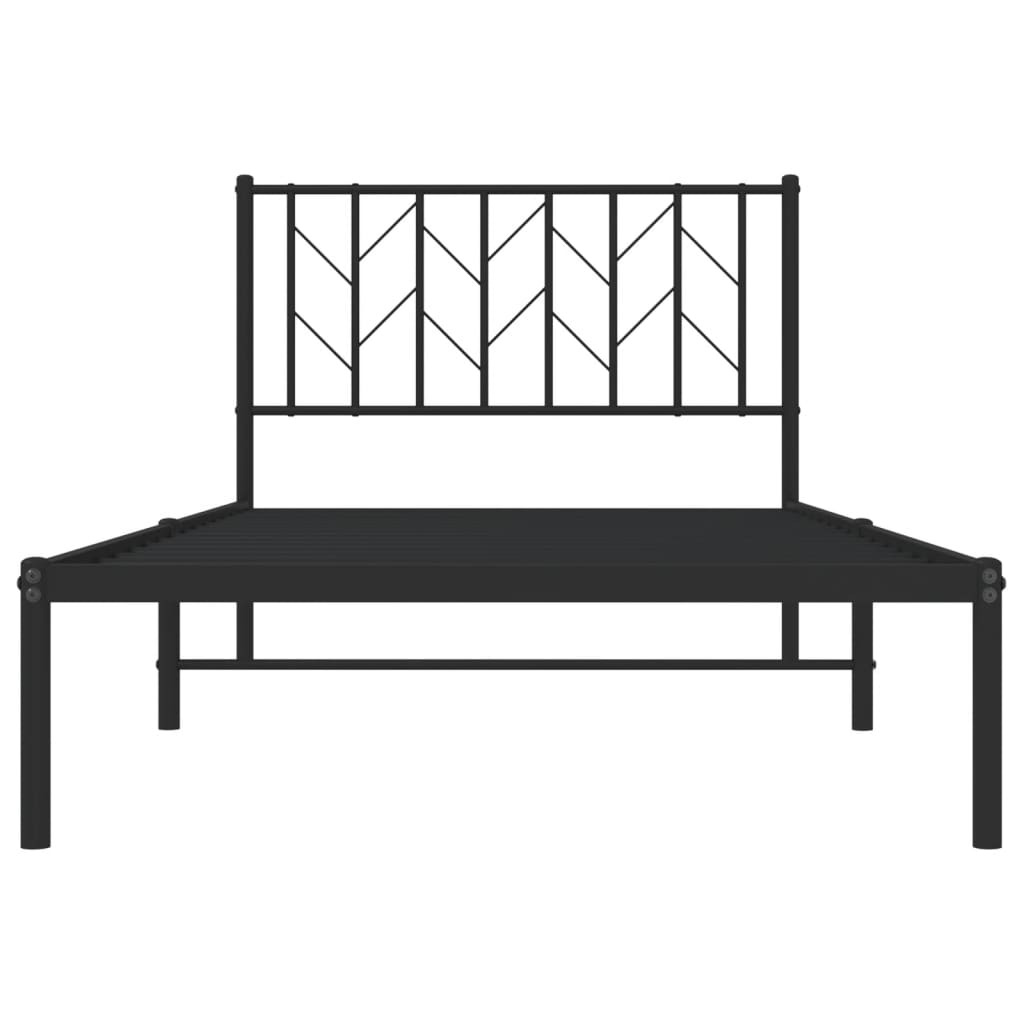 Black metal bed frame with geometric headboard detail