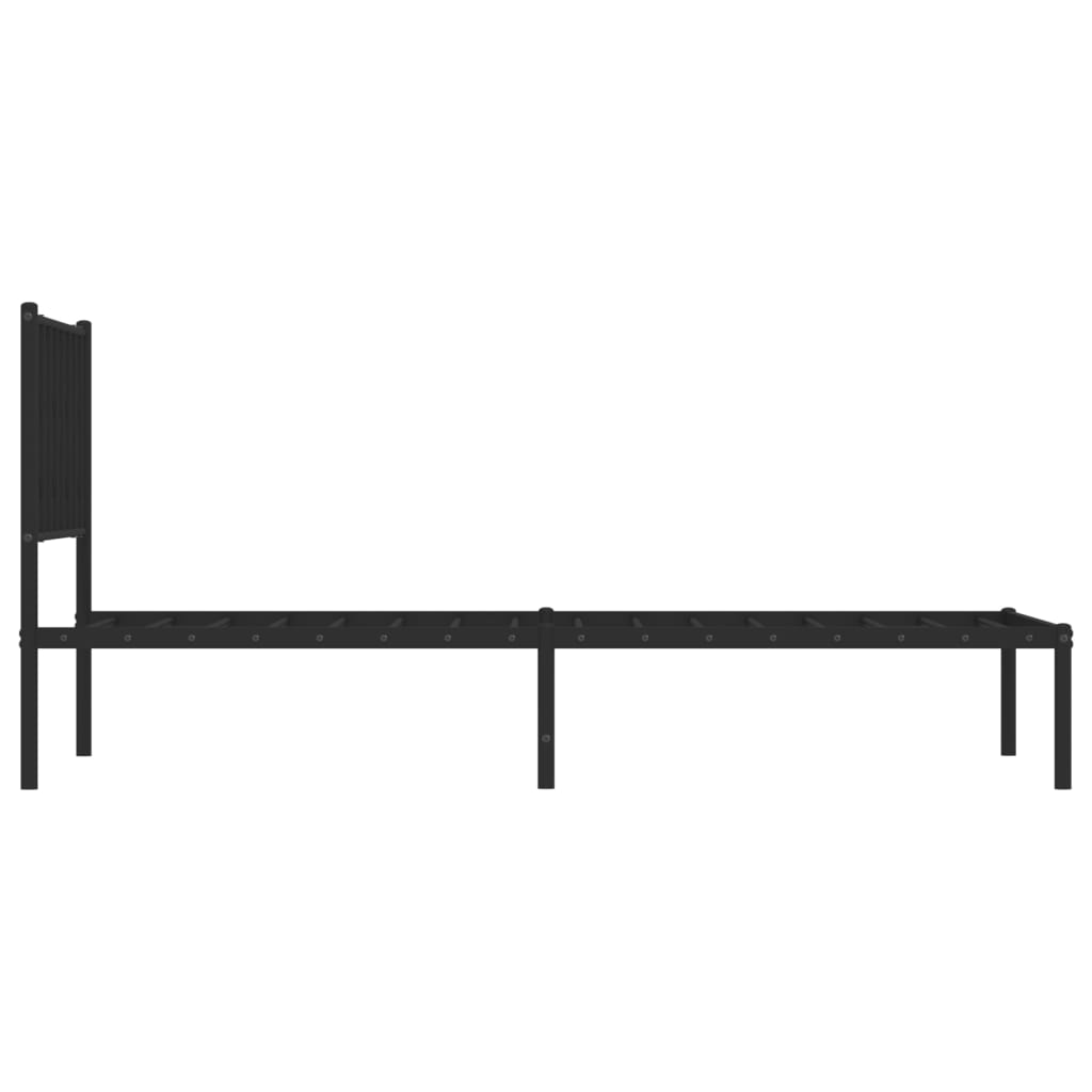 Black metal bed frame with geometric headboard and white mattress