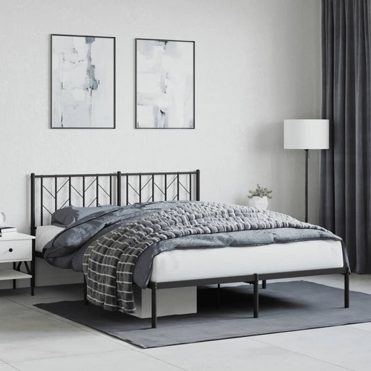 Black metal bed frame with a geometric headboard featuring underbed storage drawers