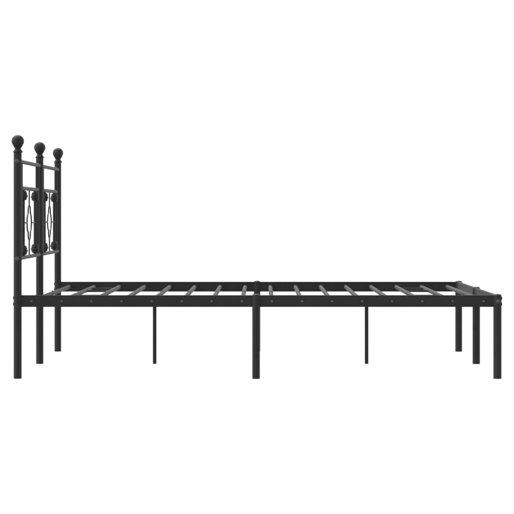 Black metal twin bed frame with minimalist design and grey bedding
