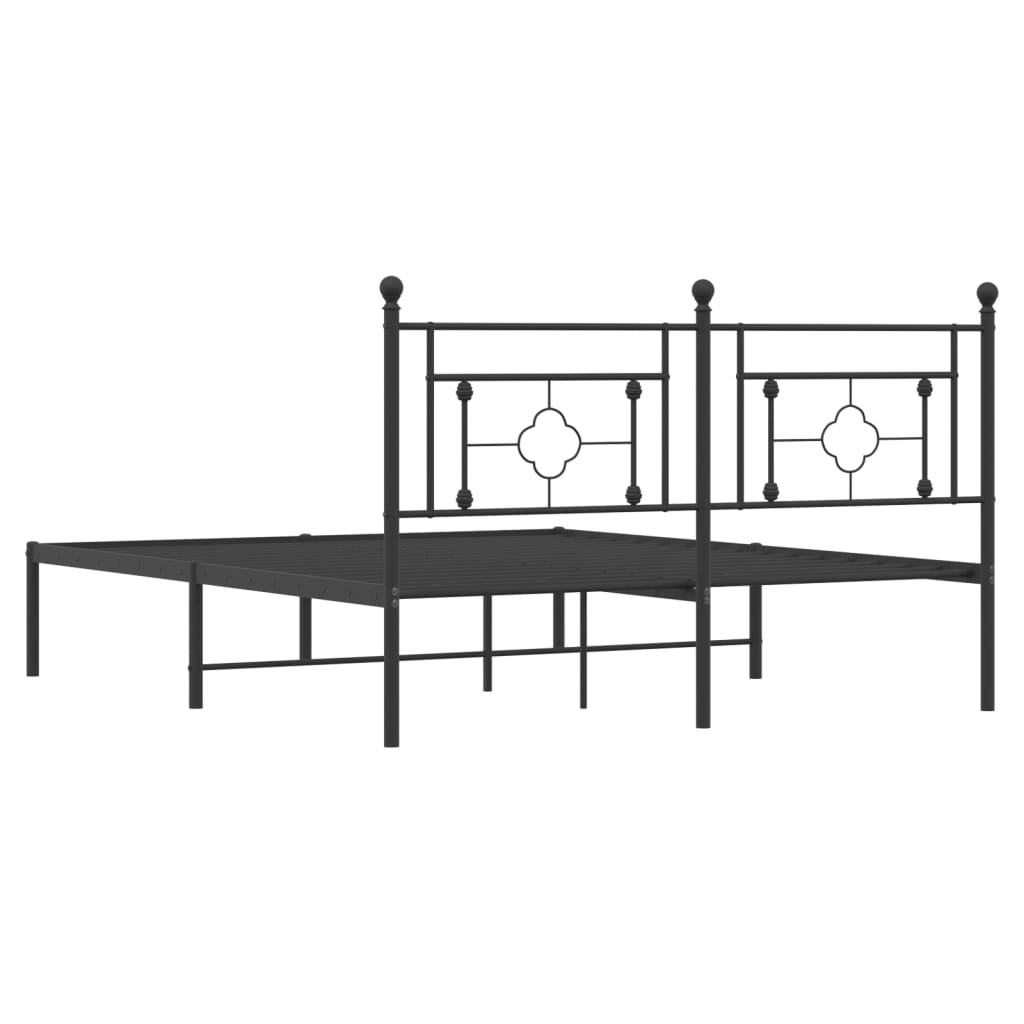 Black metal platform bed frame with decorative headboard detailing
