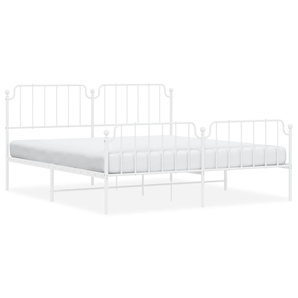 White metal bed frame with ornate headboard and footboard showing dimensions