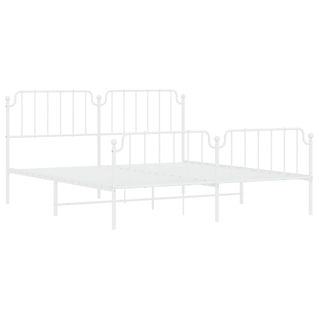 Twin white metal bed frame with decorative scrollwork on headboard
