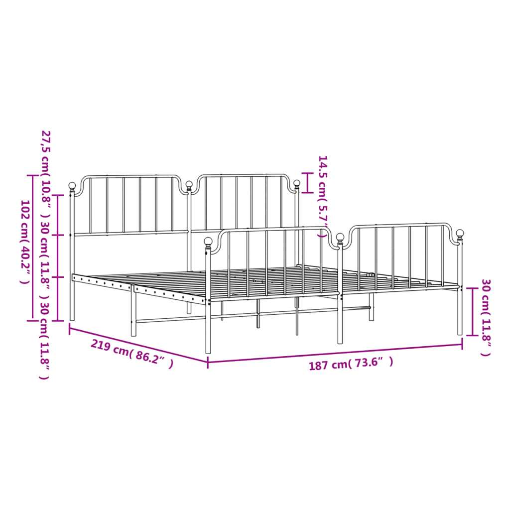 White metal bed frame with ornate headboard and footboard