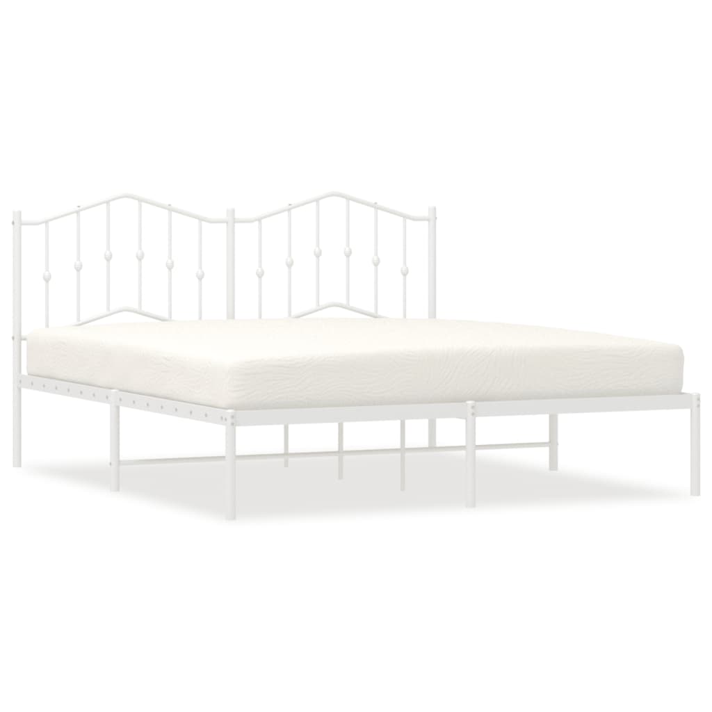 Metal bed frame with ornate headboard and slatted base dimensions shown
