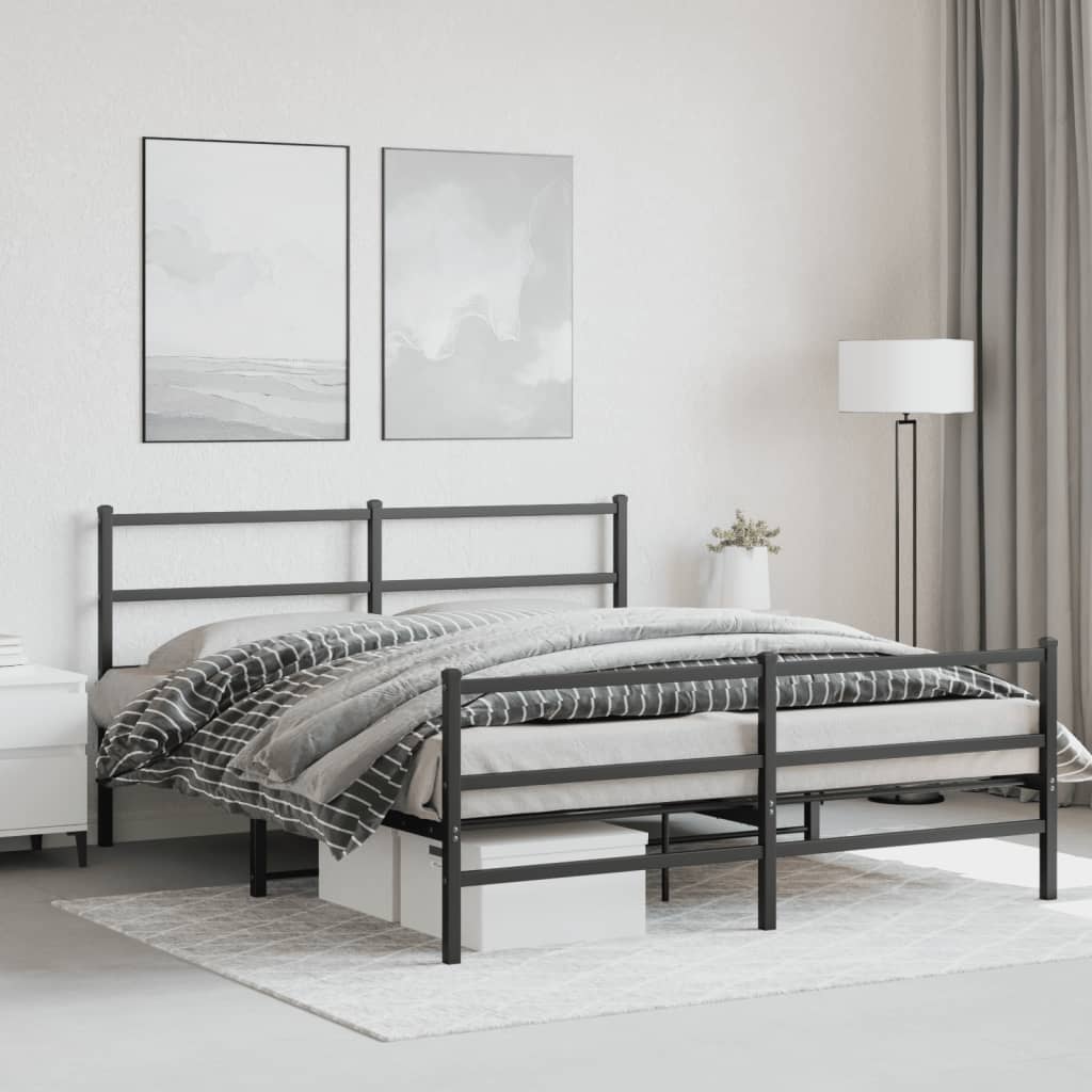 Black metal bed frame with horizontal slats and a simple headboard