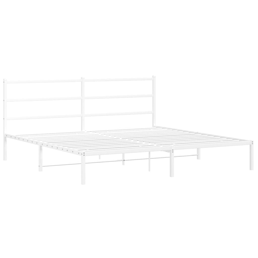White metal platform bed frame with simple headboard