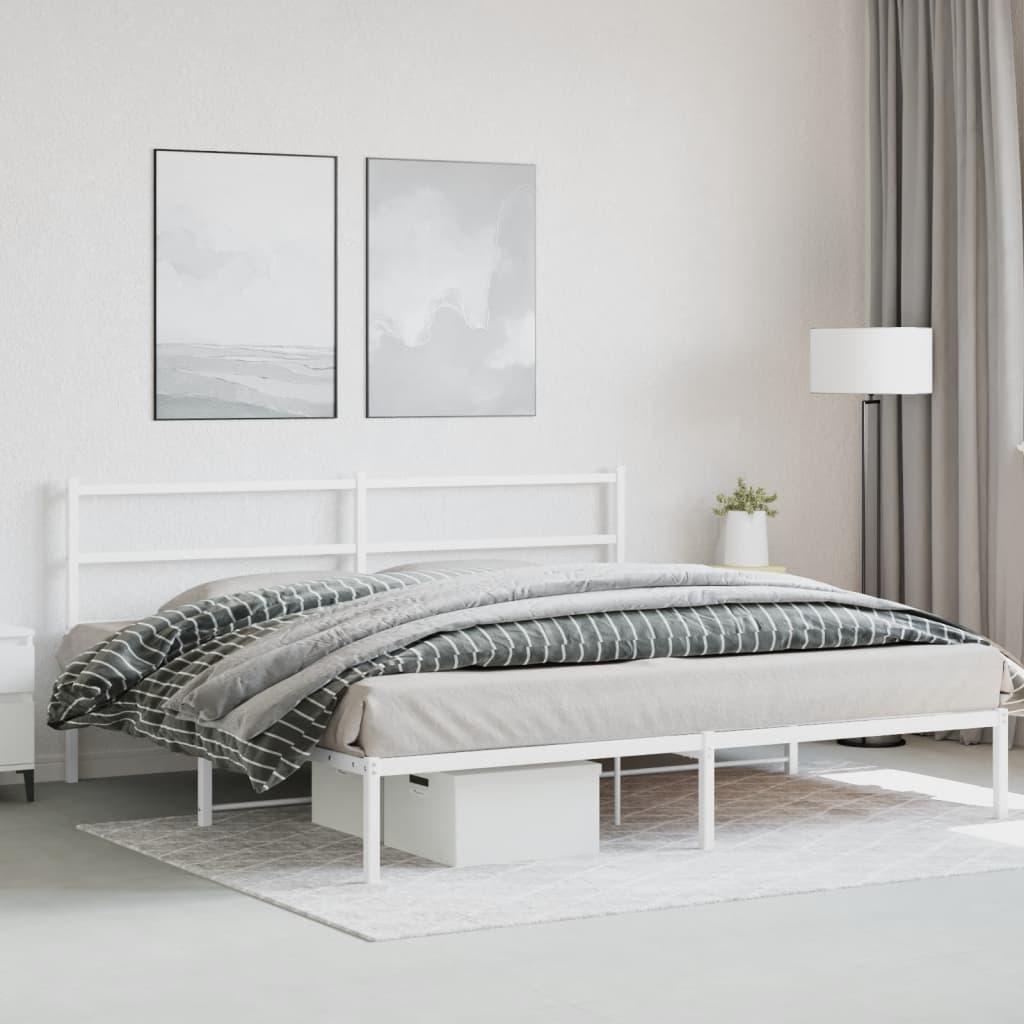 White metal platform bed frame with horizontal headboard slats