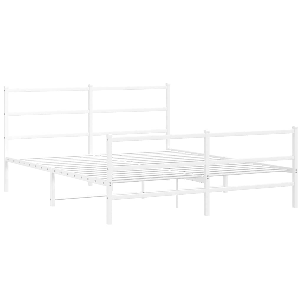 White metal twin bed frame with striped duvet and gray mattress