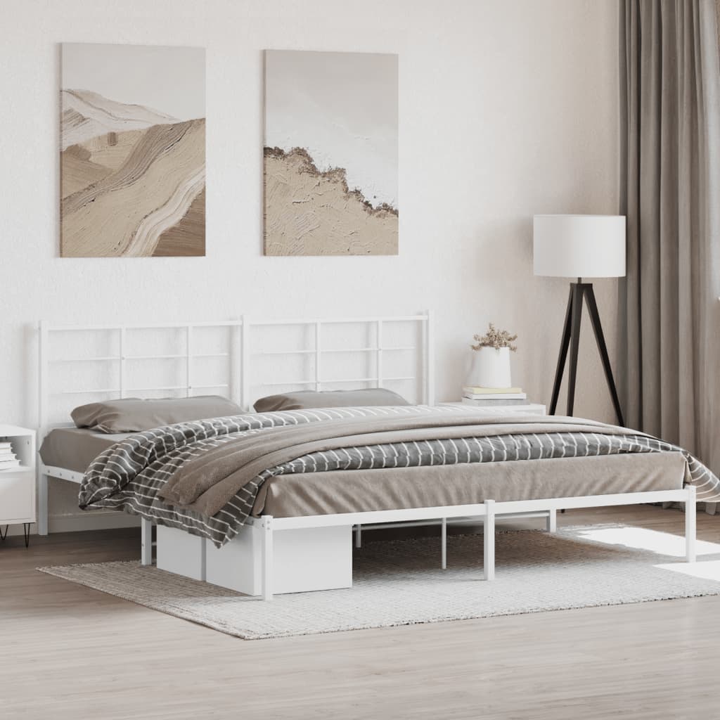 Modern white metal twin bed frame with a grid headboard and builtin storage drawers