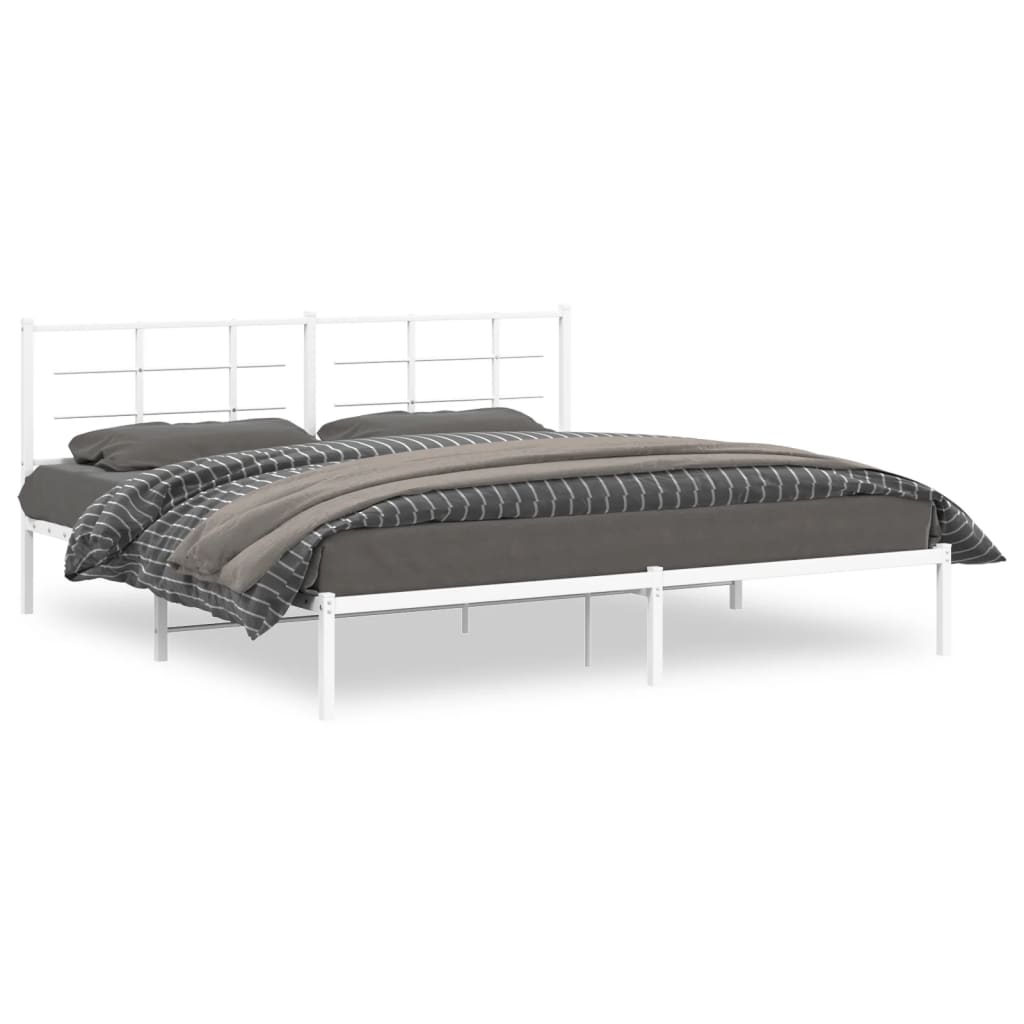 Metal platform bed frame with a grid headboard and detailed dimensions