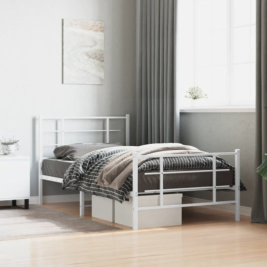 White metal twin bed frame with slatted headboard and footboard