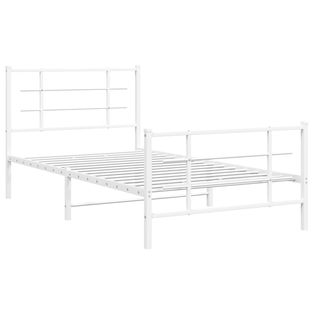 White metal twin bed frame with modern geometric headboard and footboard