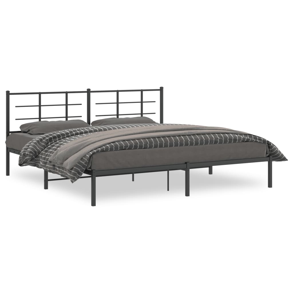 Metal platform bed frame with a slatted headboard and integrated slats