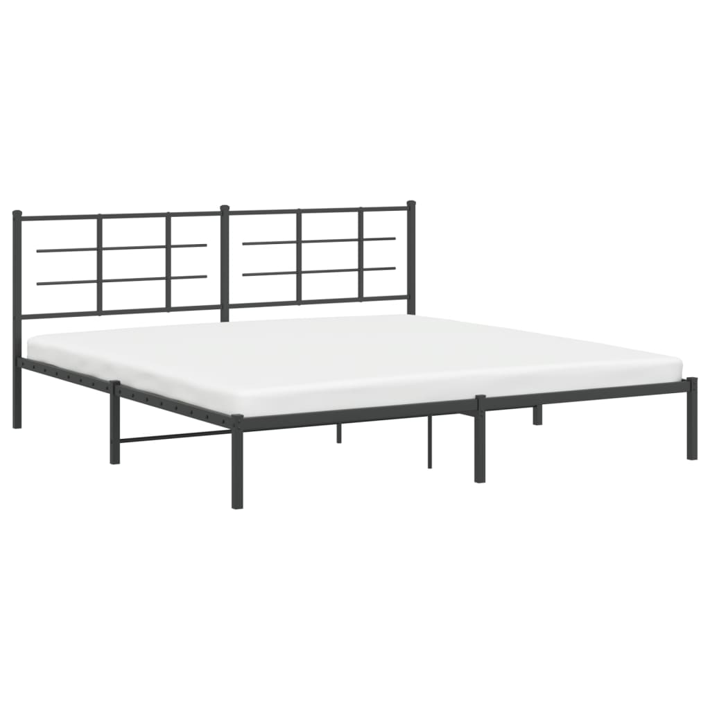 Dark gray metal platform bed frame with grid headboard