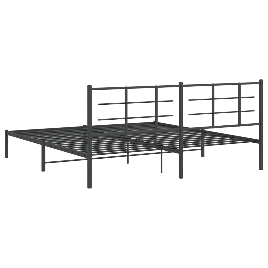 Black metal platform bed frame with a rectangular headboard