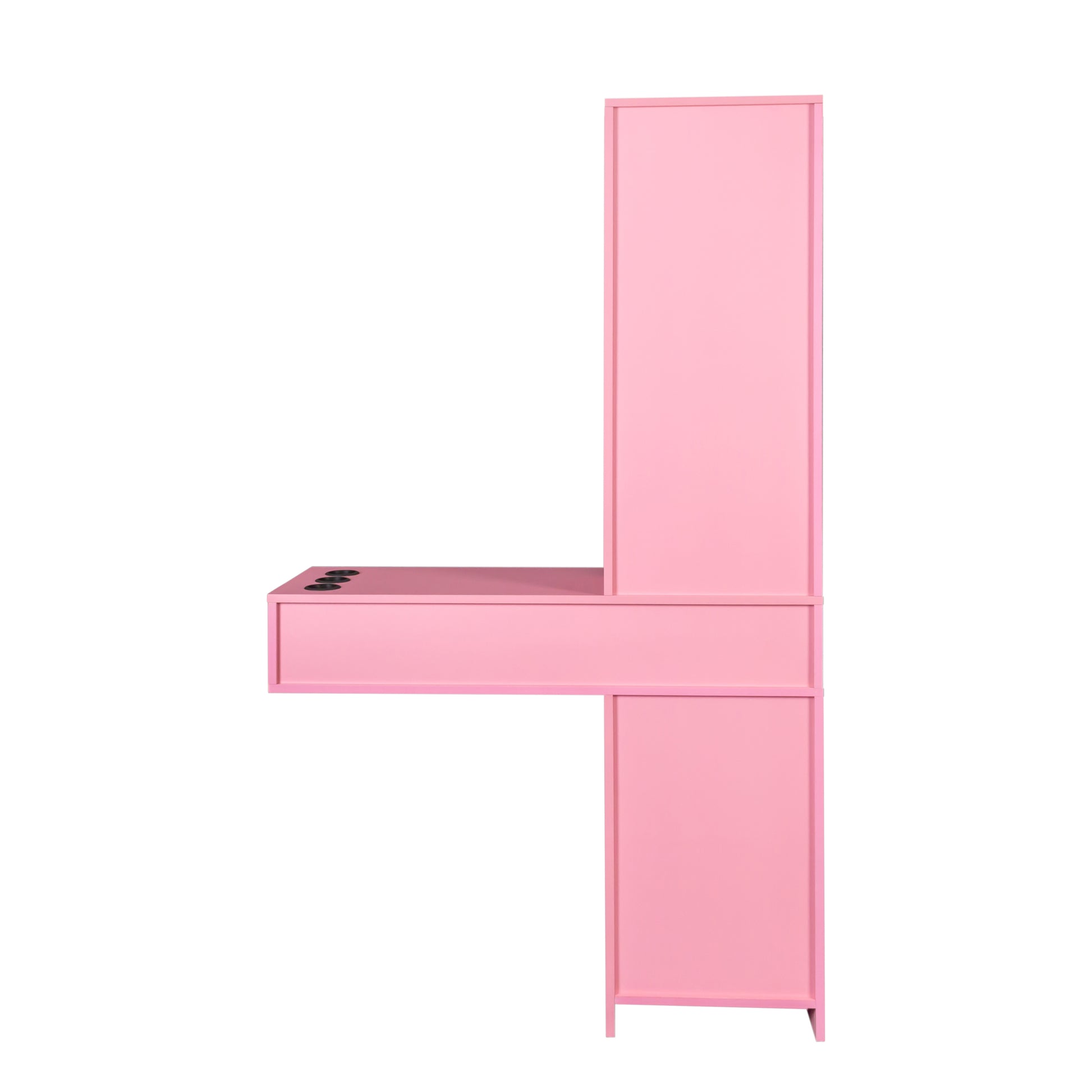 Pink salon station with integrated brush holders and ample storage space