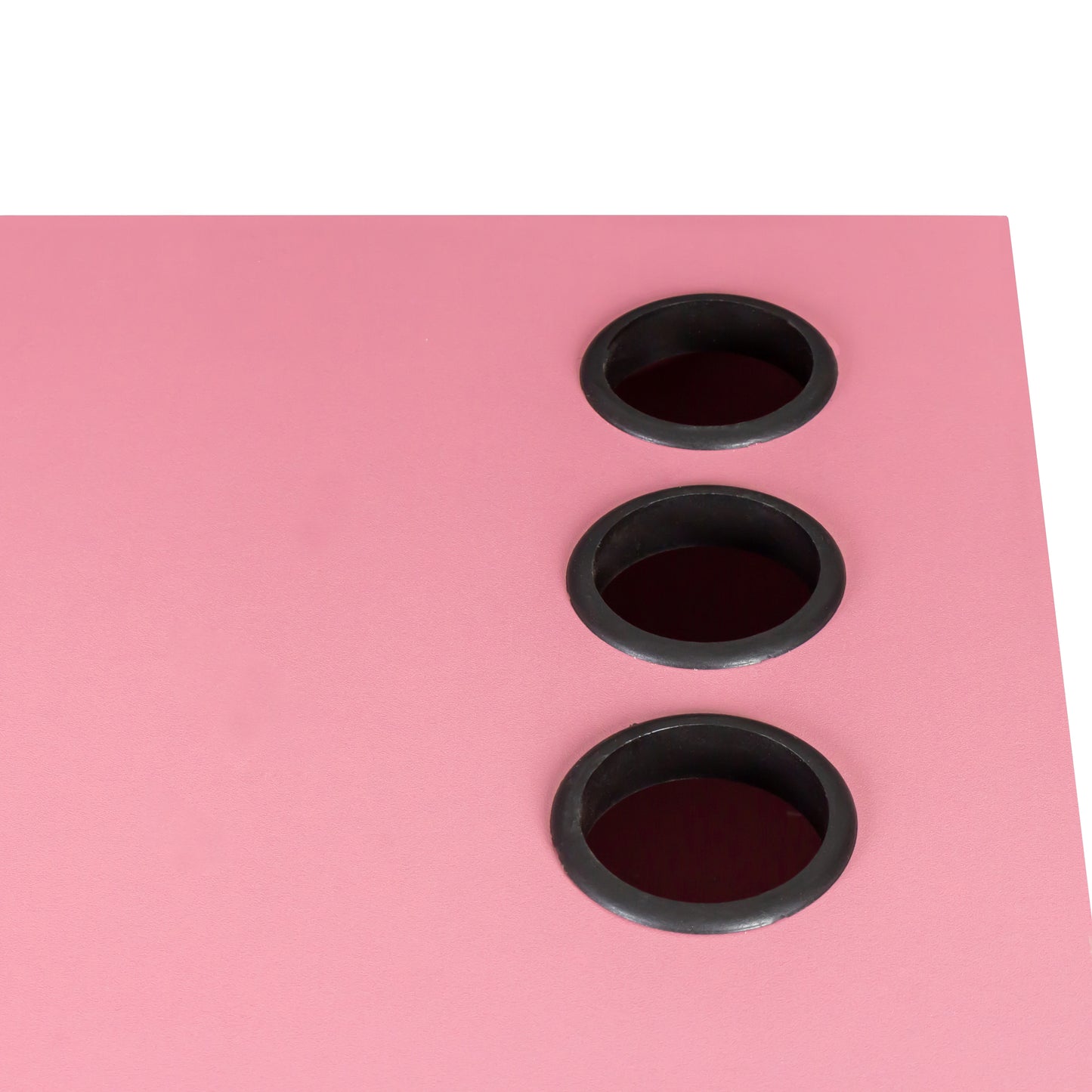 Pink organizer with three black circular grommets