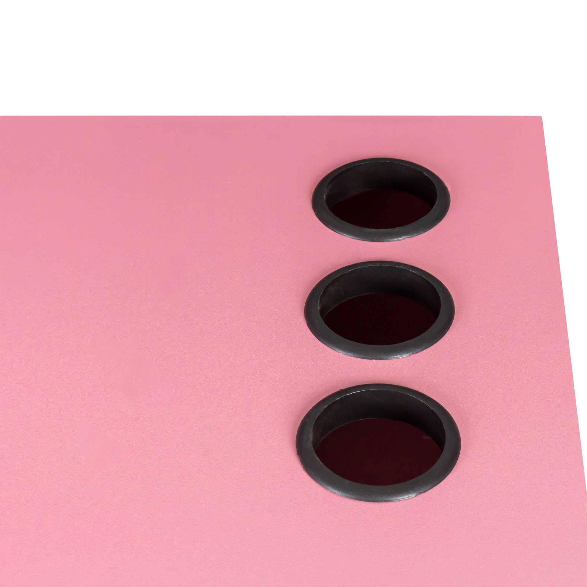 Pink organizer with three black circular grommets