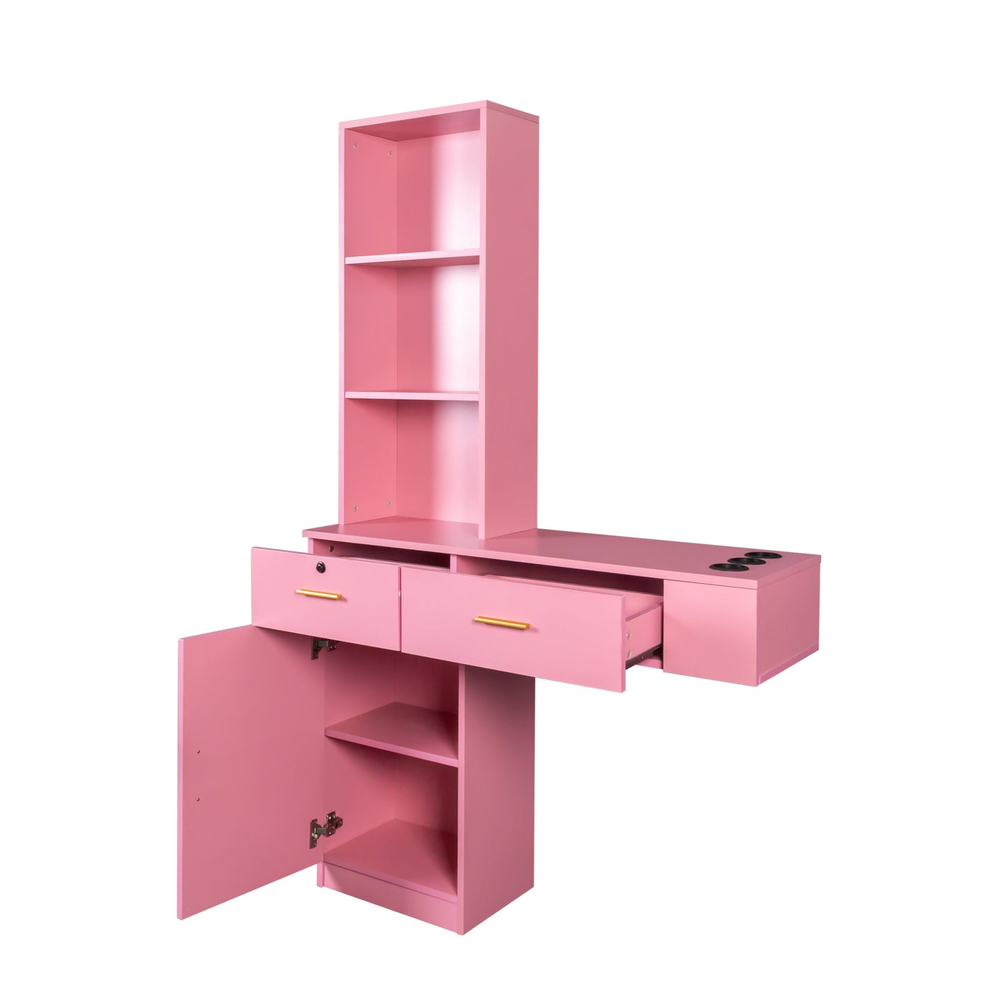 Pink vanity table with drawers open cabinet and shelf unit perfect for makeup organization