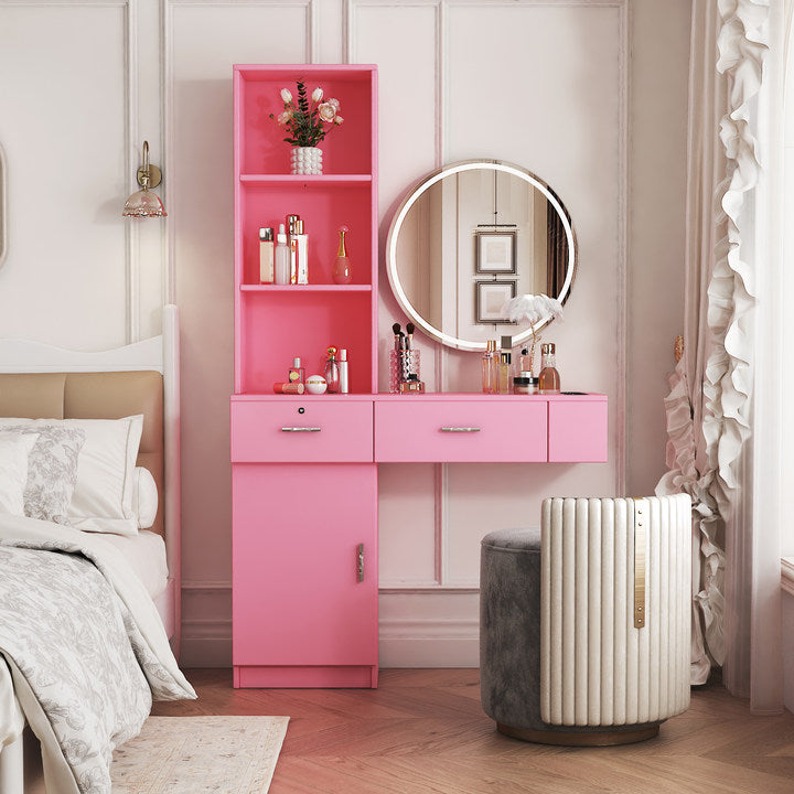 Pink modern vanity desk with illuminated mirror and storage shelves