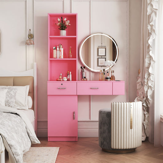 Pink modern vanity desk with illuminated mirror and storage shelves
