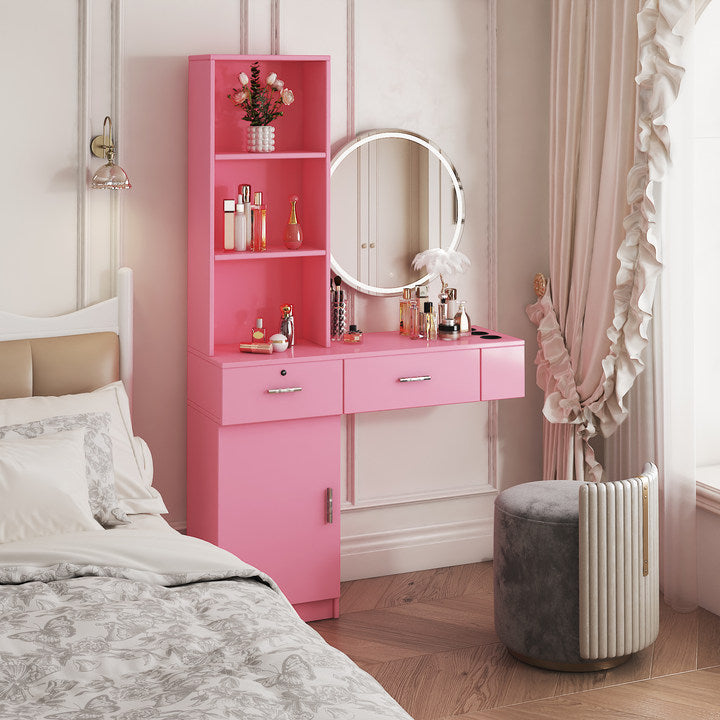 Pink vanity set with drawers shelves and mirrored cabinet