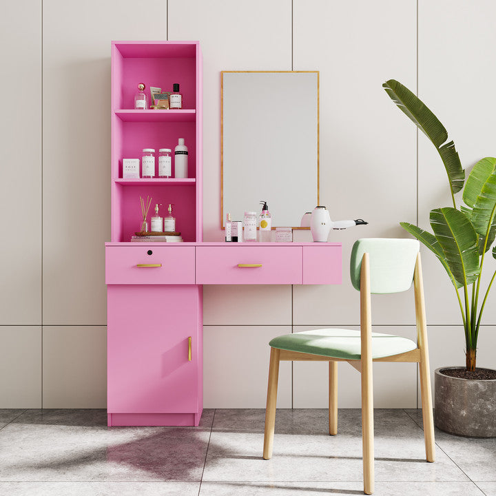 Pink vanity desk with gold hardware and integrated shelving