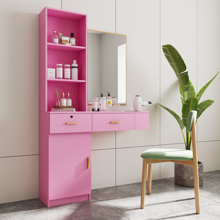 Modern pink vanity dresser with drawers and cabinet
