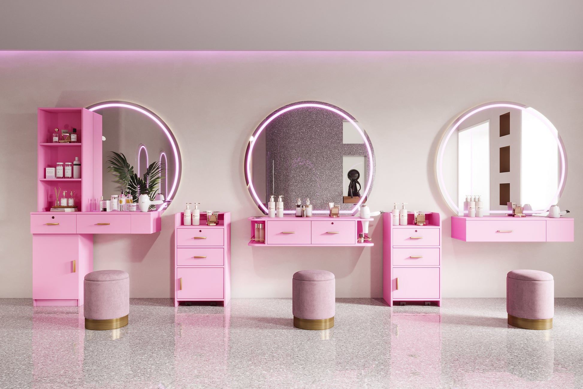 Pink vanity station with round lighted mirrors and gold hardware