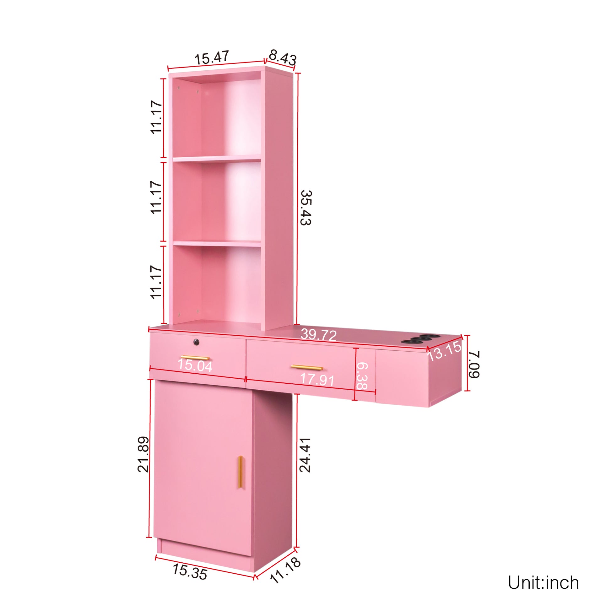 Pink salon workstation with drawers and shelves
