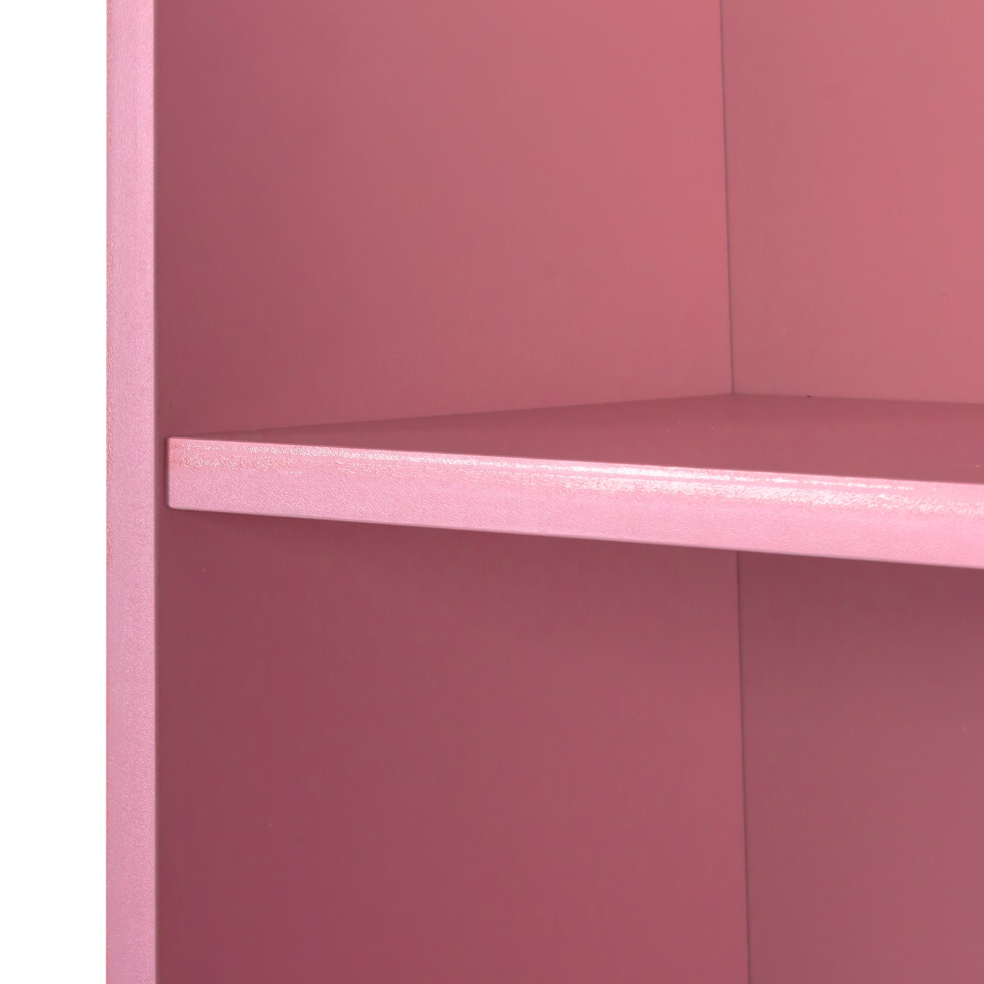 Closeup of a pink shelving unit