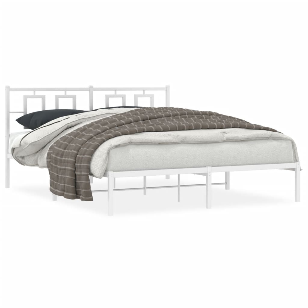 Black metal bed frame with decorative headboard and slatted base dimensions labeled