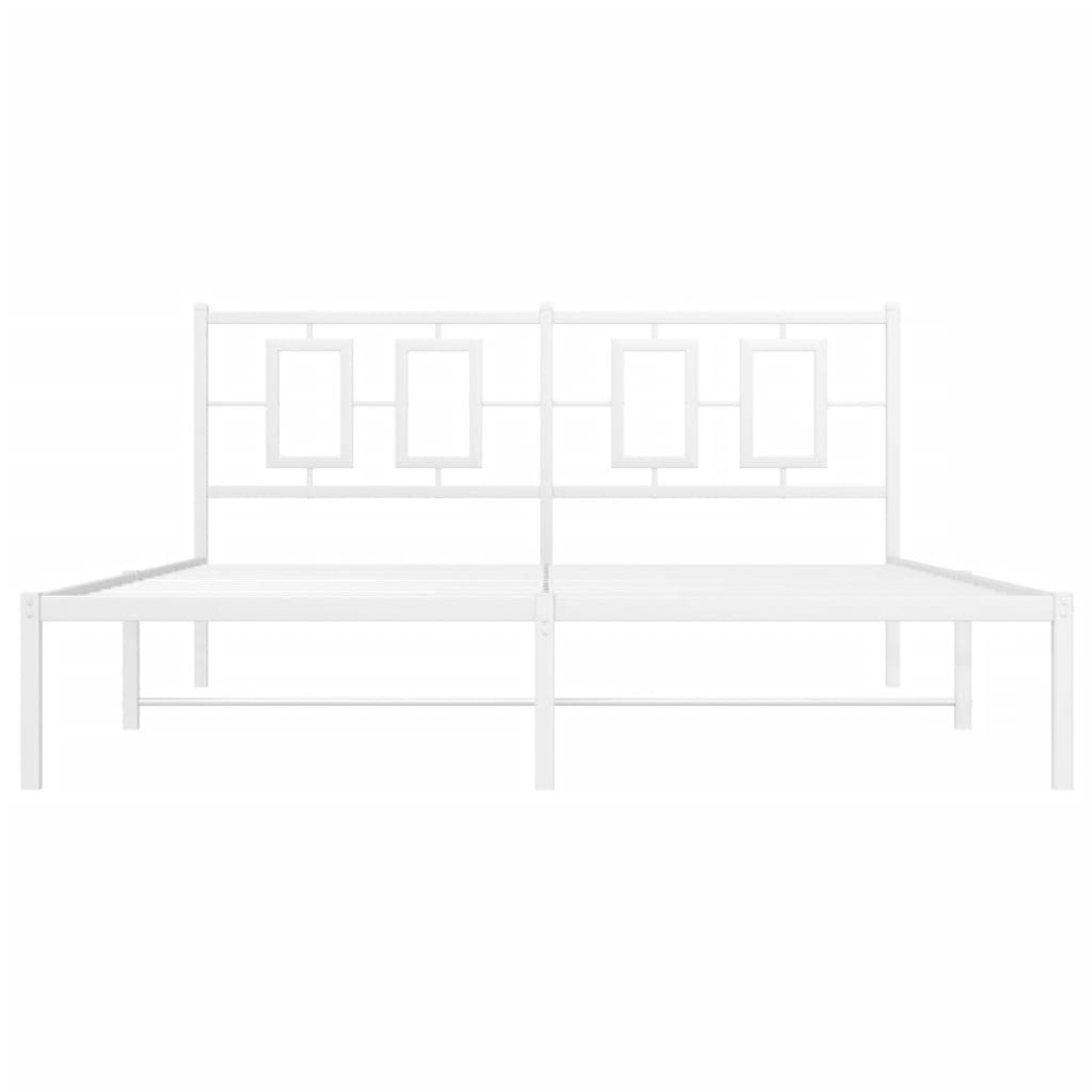 Modern white metal bed frame with a geometric headboard